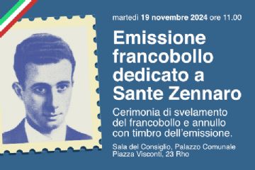 locandina con programma dell' evento Emissione francobollo dedicato a Sante Zennaro. Immagine Sante Zennaro