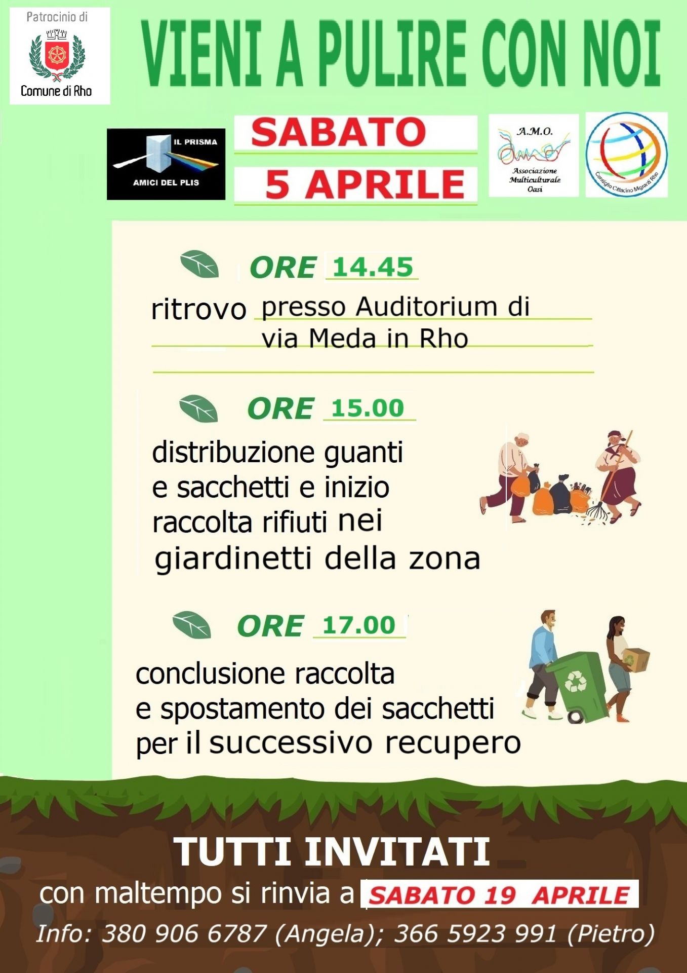 "Vieni a pulire con noi" evento di sabato 5 aprile 2025 dalle ore 14.45 con ritrovo presso l'Auditorium di via Meda a Rho. In caso di maltempo l'evento si svolgerà sabato 19 aprile.