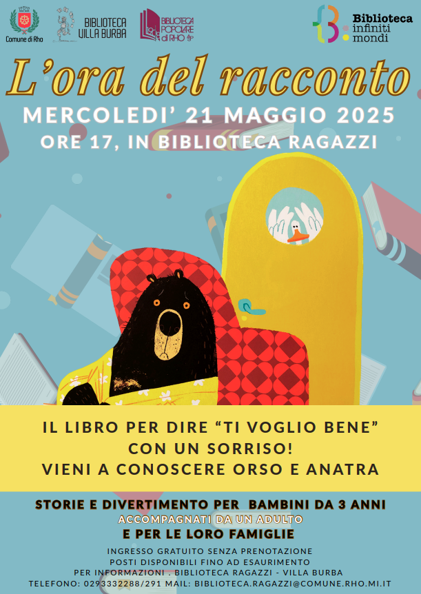 Il 21 maggio 2025 Biblioteca ragazzi presenta il libro per dire "ti voglio bene" con un sorriso! Vieni a conoscere orso e Anatra.
Storie e divertimento per bambini dai 3 anni accompagnati da un adulto.