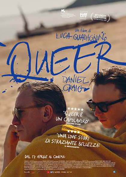 Locandina  un film di Luca Guadagnino Queer -  Daniel Craig - due uomini con occhiali da sole