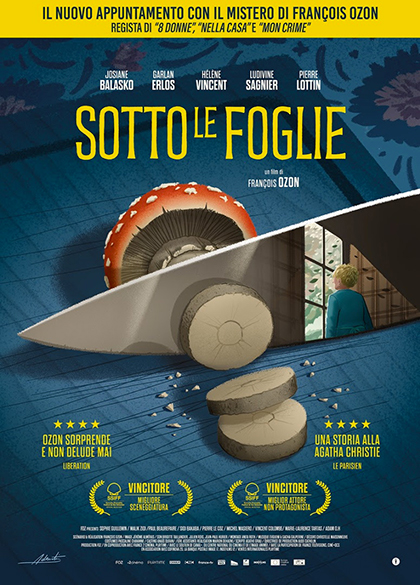 Locandina film Sotto le foglie un fungo che viene tagliato