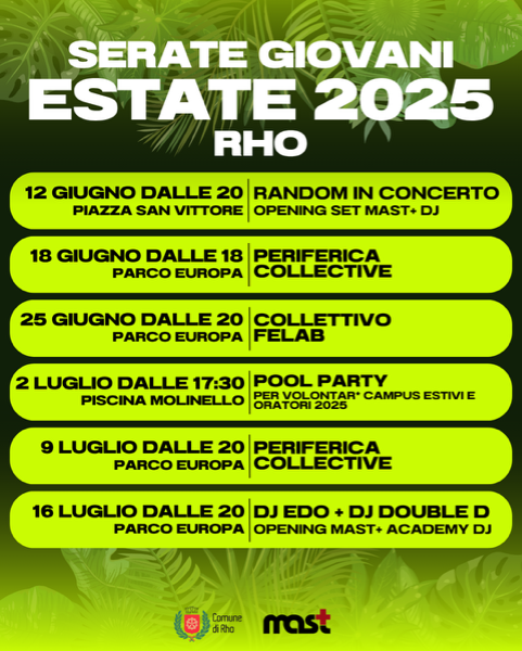 Locandina Serata Giovani Estate 2025 programma con date luoghi e gruppi