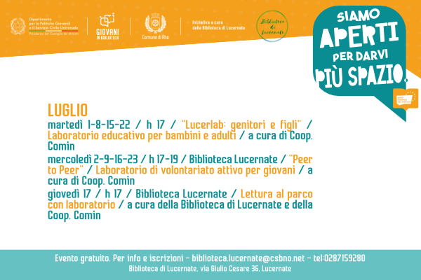 Locandina degli eventi di luglio che fanno parte del progetto You Book You Party. Gli eventi si svolgono presso la Biblioteca di Lucernate di Rho, via Giulio Cesare 36.