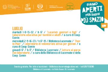 Locandina degli eventi di luglio che fanno parte del progetto You Book You Party. Gli eventi si svolgono presso la Biblioteca di Lucernate di Rho, via Giulio Cesare 36.