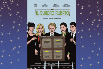 locandina del film Il quadro rubato disegno di una donna mota una bionda un uomo biondo una donna castana e un ragazzo giocane che guardano un quadro