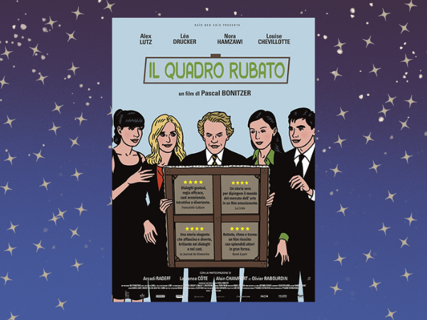 locandina del film Il quadro rubato disegno di una donna mota una bionda un uomo biondo una donna castana e un ragazzo giocane che guardano un quadro