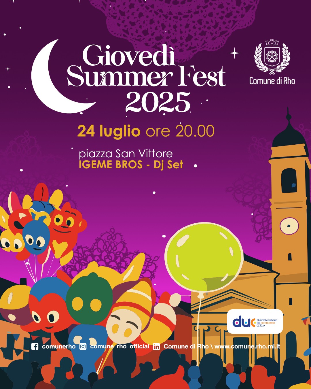 locandina evento Giovedì Summer Fest 2025 24 luglio ore 20.00 piazza San Vittore IGEME Bros  - Dj Set grafica chiesa sagome di  persone e palloncini colorati sfondo violaceo