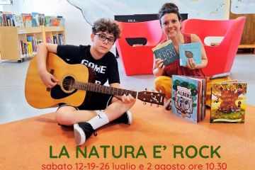 Locandina eventi La Natura è rock più evento del 19 luglio alle ore 10.00 Rhyme & Story Time, lettura e canzoni in inglese. Gli eventi che si svolgono presso la Biblioteca di Lucernate, Via Giulio Cesare 36 a Rho.