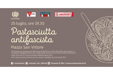 Disegno grafico di un piatto di spaghetti con forchetta. Il disegno pubblicizza l'evento del Comune di Rho "Pastasciutta antifascista" del 25 luglio 2025 in pazza San Vittore alle ore 19.30.