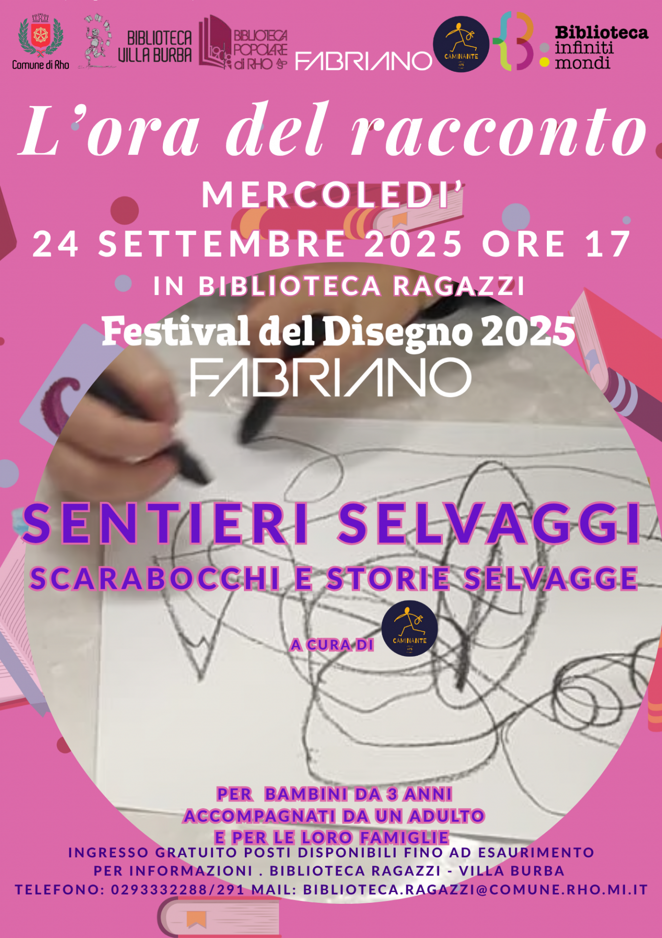 L'ora del racconto mercoledì 24 settembre 2025 ore 17 in biblioteca ragazzi Festival del disegno2025 sentieri selvaggi scarabocchi e storie selvagge. un foglio scarabocchiato e mani di bambini con pennarelli che tracciano scarabocchi