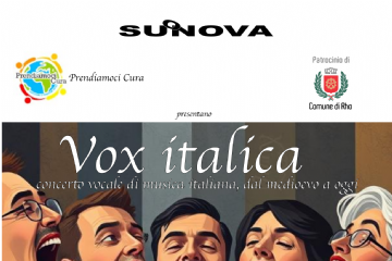 Vox italica  - villa Burba - Sala Camino disegno di un coro di tre uomini e due donne che cantano davanti ad una pizza