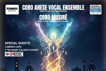 Locandina Per la Vita Voci e Musica sagome di una città di notte e immagine sagoma umana di luce con note dorate