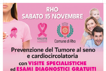 locandina rosa con alcune persone una con fiocco rosa e titolo Rho sabato 15 novembre Prevenzione del Tumore al seno e cardiocircolatoria con visite specialistiche ed esami diagnostici gratuiti