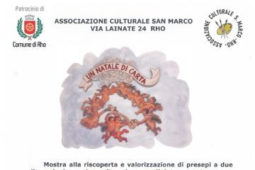 locandina con testo e immagini natalizie. "un natale di carta" scritta sorretta da angioletti e sotto una rappresentazione teatrale