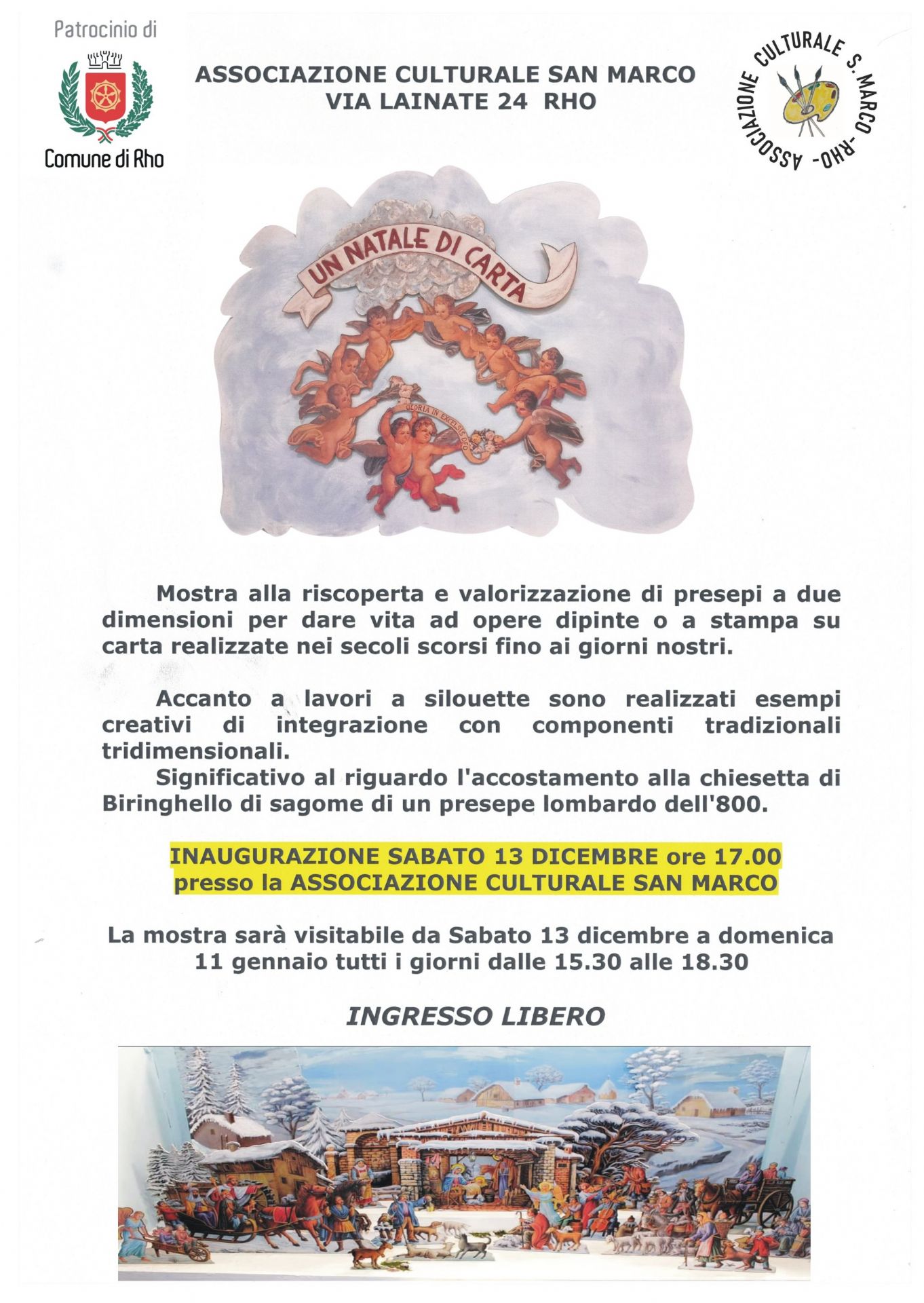 locandina con testo e immagini natalizie. "un natale di carta" scritta sorretta da angioletti e sotto una rappresentazione teatrale
