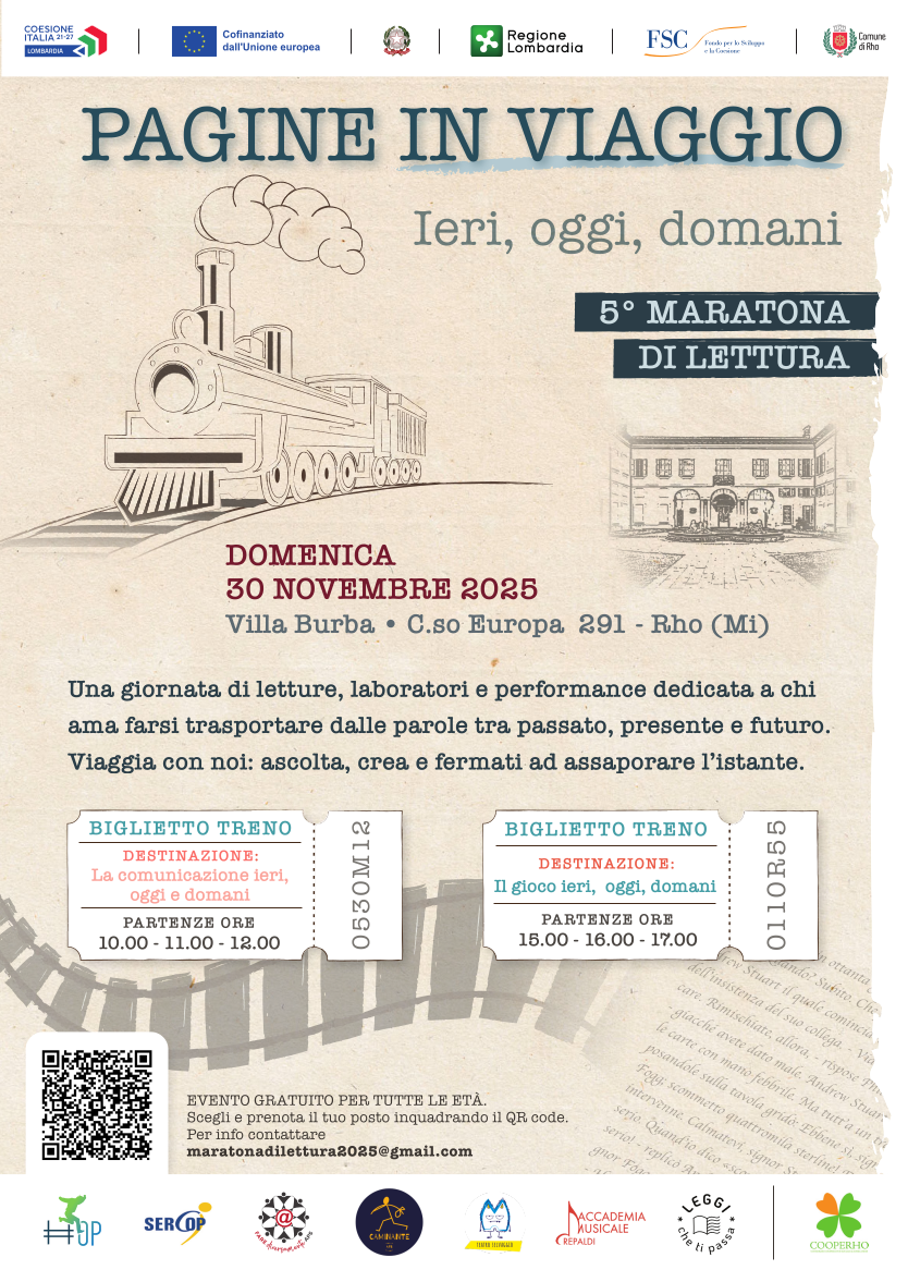 locandina con una locomotiva a vapore disegnata a matita e la villa burba più piccola vicina disegnata sempre a matita testo e due sagome di biglietti con all' interno tipo di evento e  orario