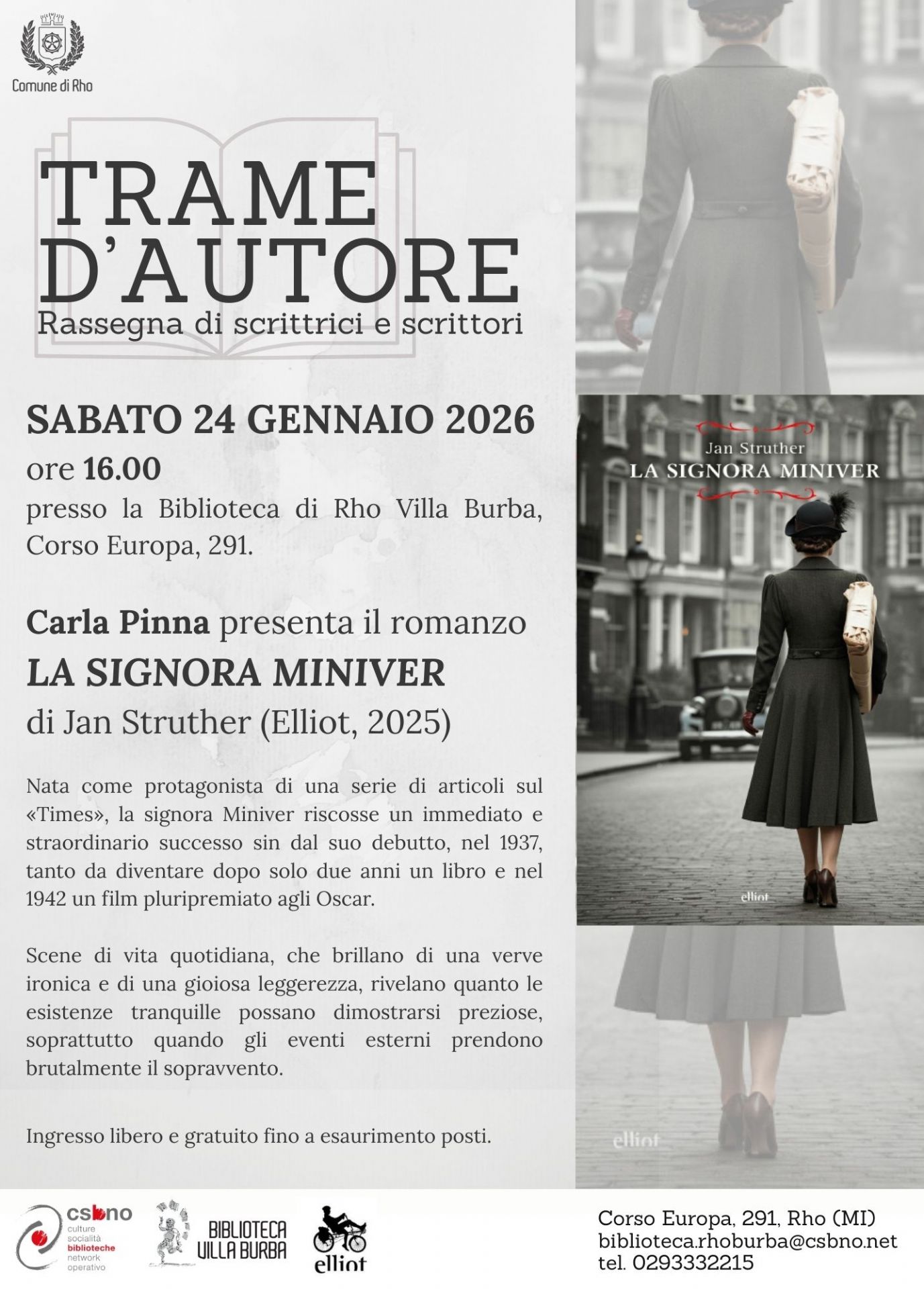 Trame d'autore La Signora Miniver . Una parte della copertina del libro una signora con soprabito in una via in bianco e nero