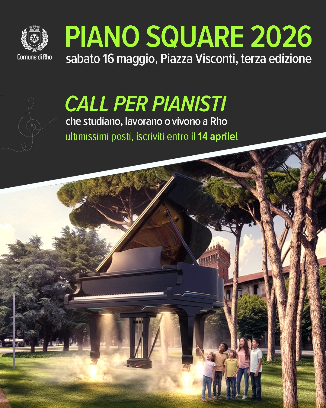 Piano Square 2026. sabato 16 maggio, piazza Visconti, terza edizione. Call per pianisti che studiano, lavorano o vivono a Rho. iscriviti entro il 14 aprile