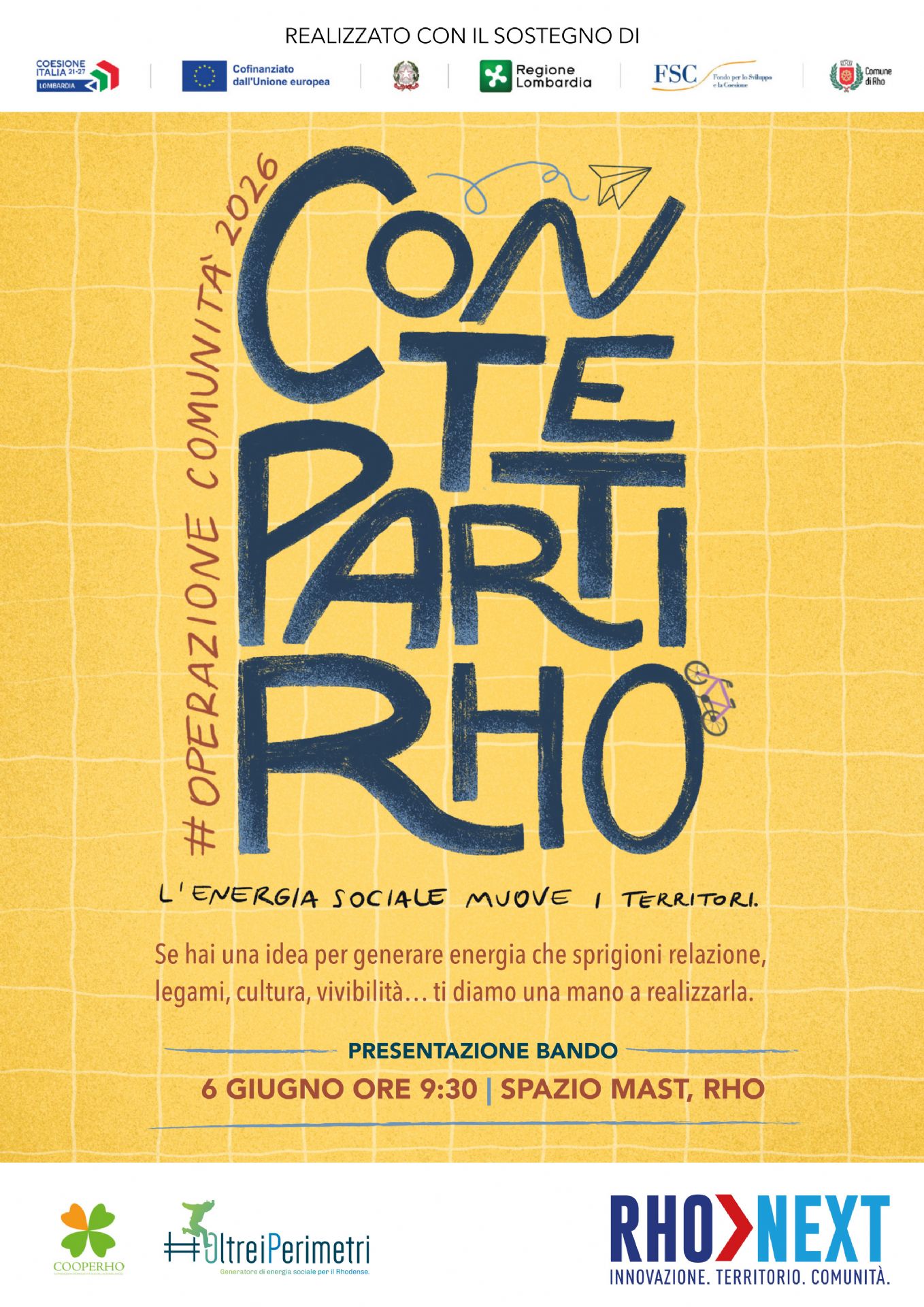 Locandina dell'evento di presentazione del bando ConTePartiRHO alle ore 9.30, allo Spazio MAST, via San Martino, 22 a Rho.