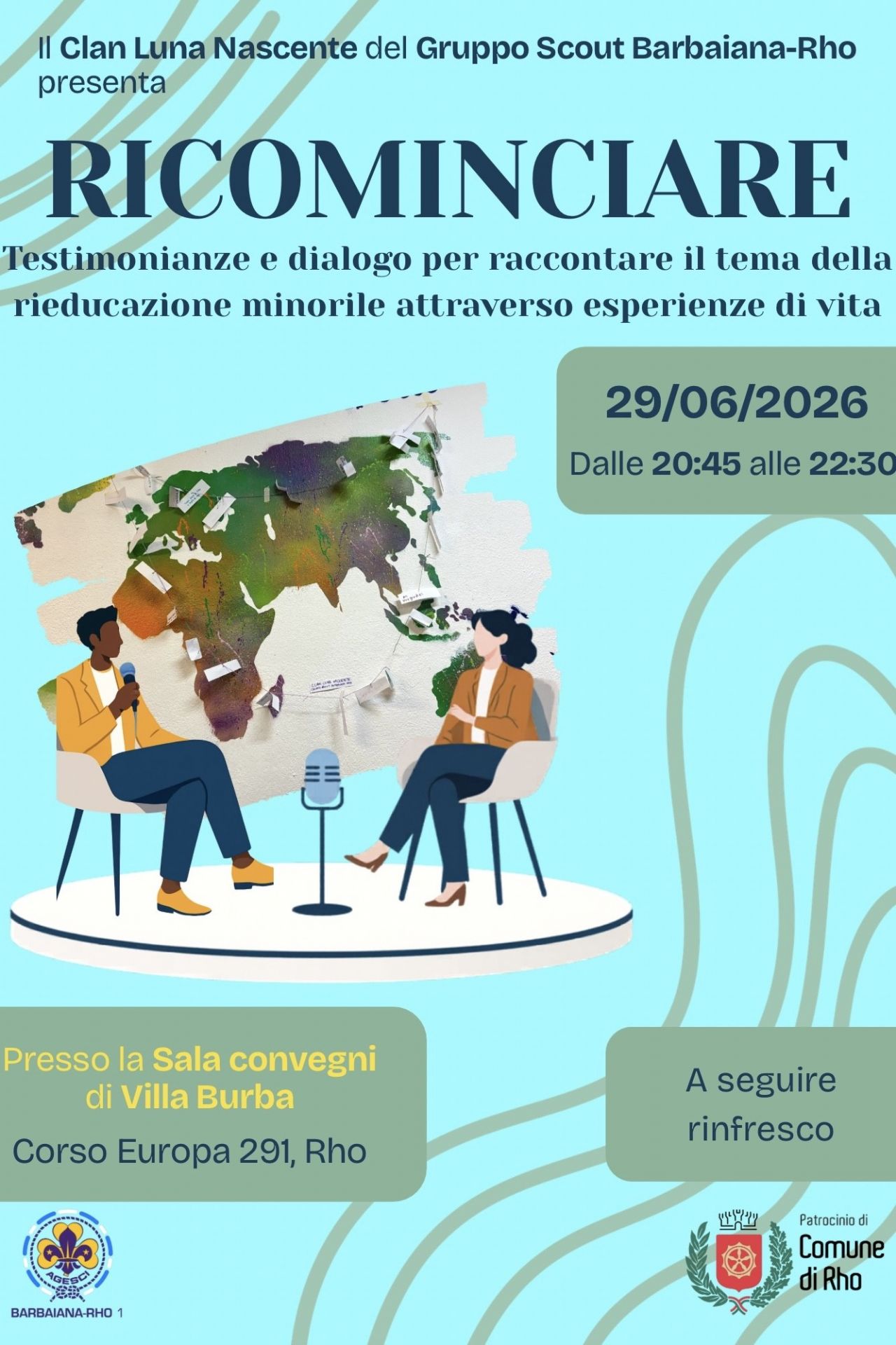 locandina ricominciare  un disegno di i due persone sedute 