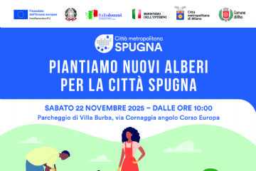 locandina Piantiamo Nuovi alberi per la città spugna. Disegnate sagome di persone che piantano e  annaffiano