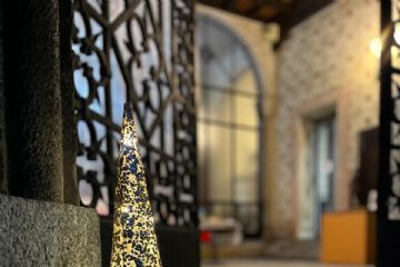 Alberello di natale luminoso vicino alla porta di ingresso del municipio