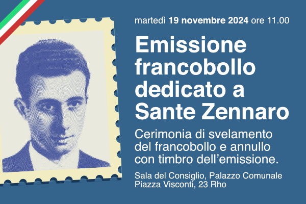locandina con programma dell' evento Emissione francobollo dedicato a Sante Zennaro. Immagine Sante Zennaro