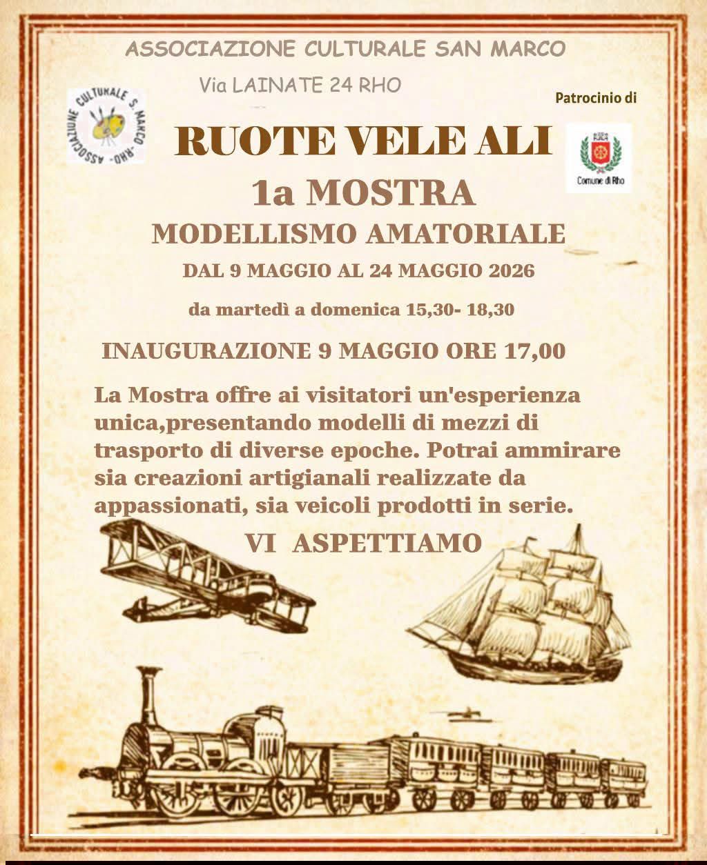 locandina con nave con vele aeroplano e treno