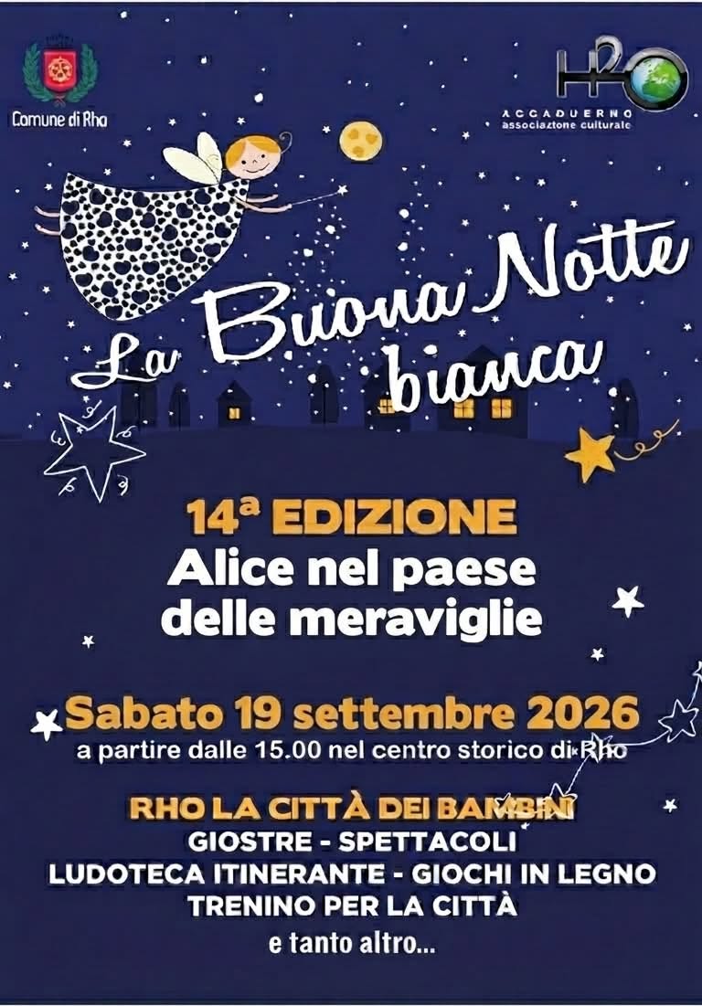 Locandina La Buona Notte bianca con  fatina disegnata che vola e testo e programma di massima