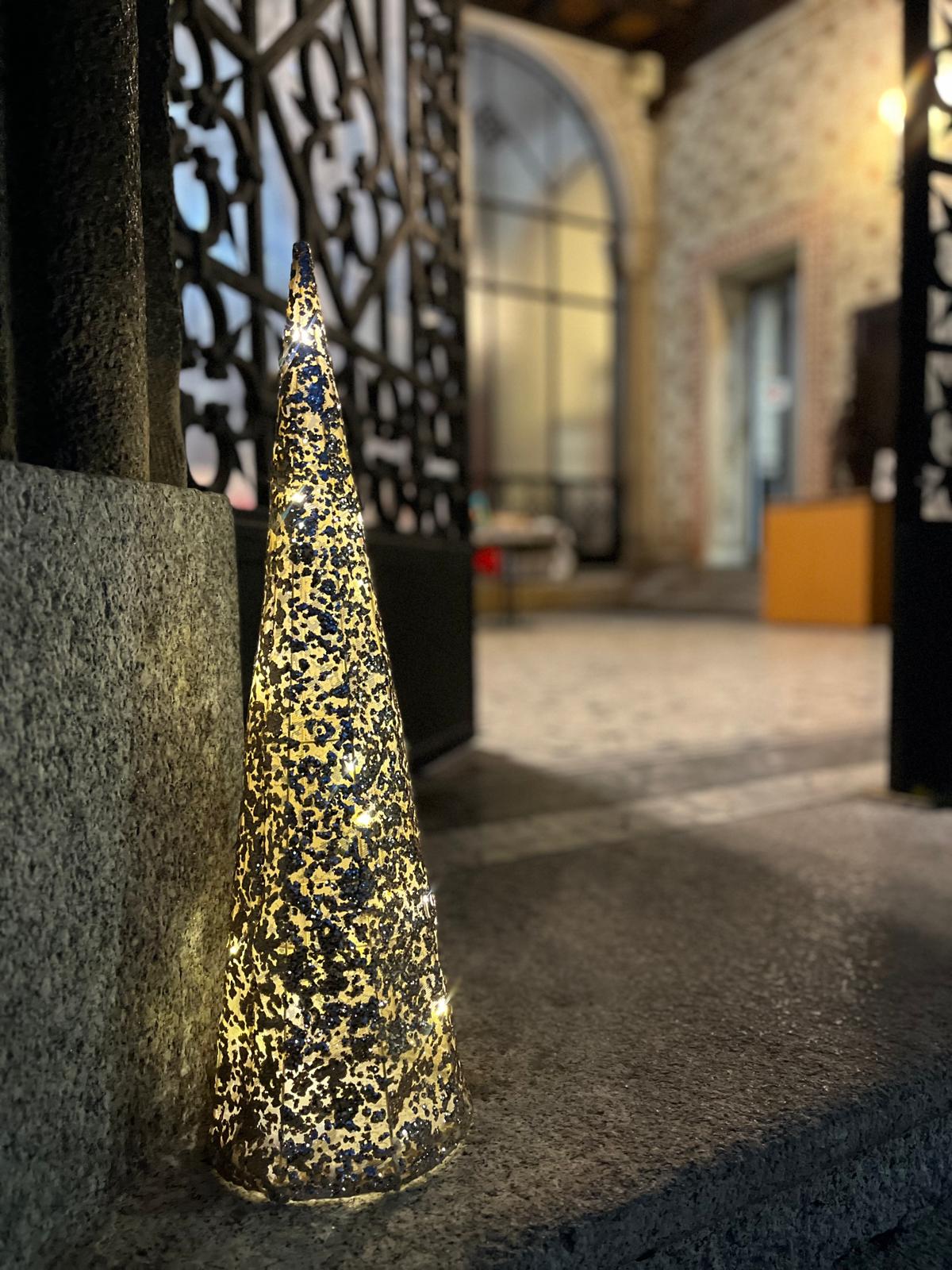 Alberello di natale luminoso vicino alla porta di ingresso del municipio