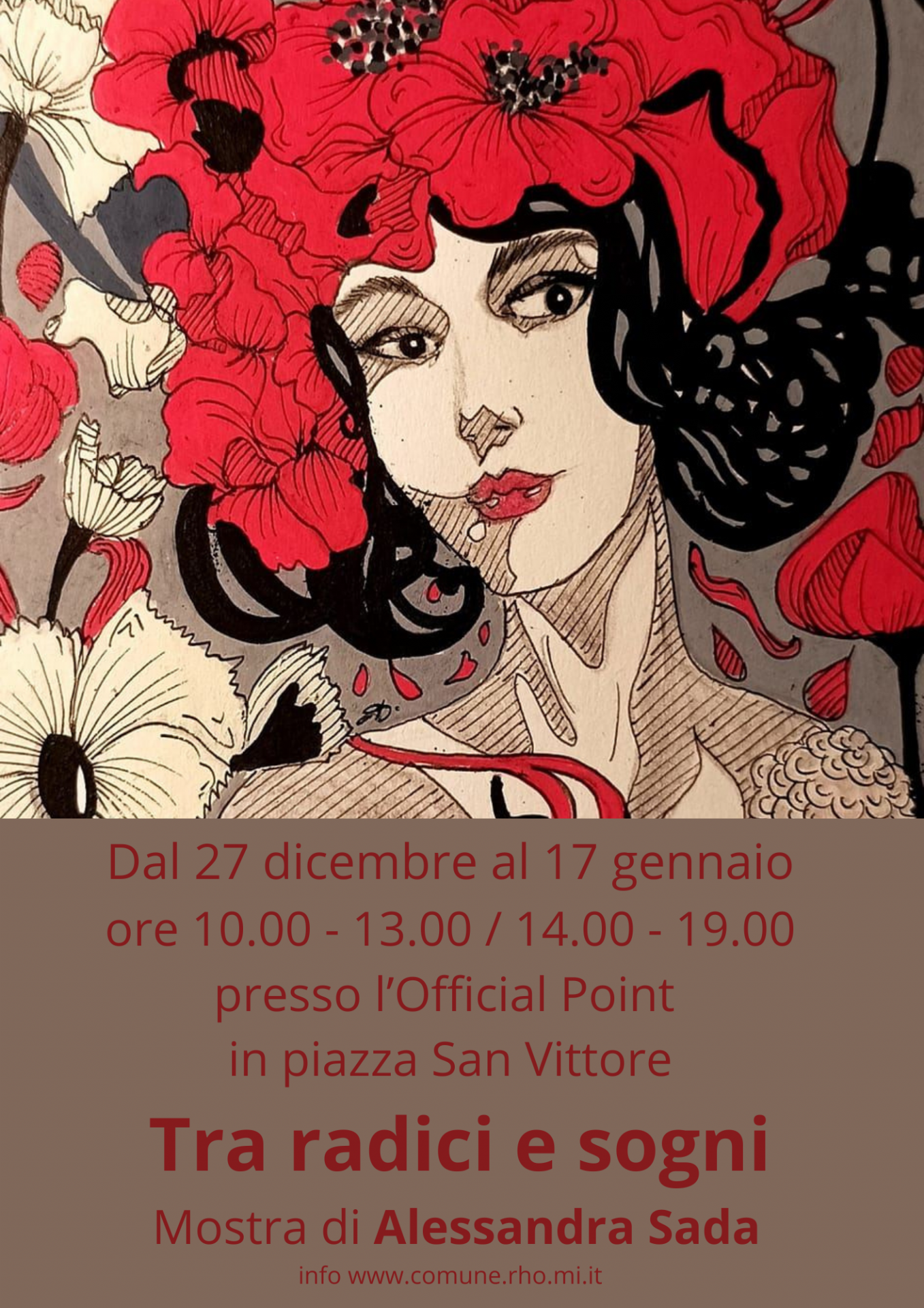 locandina della mostra con un ritratto di donna tra i fiori