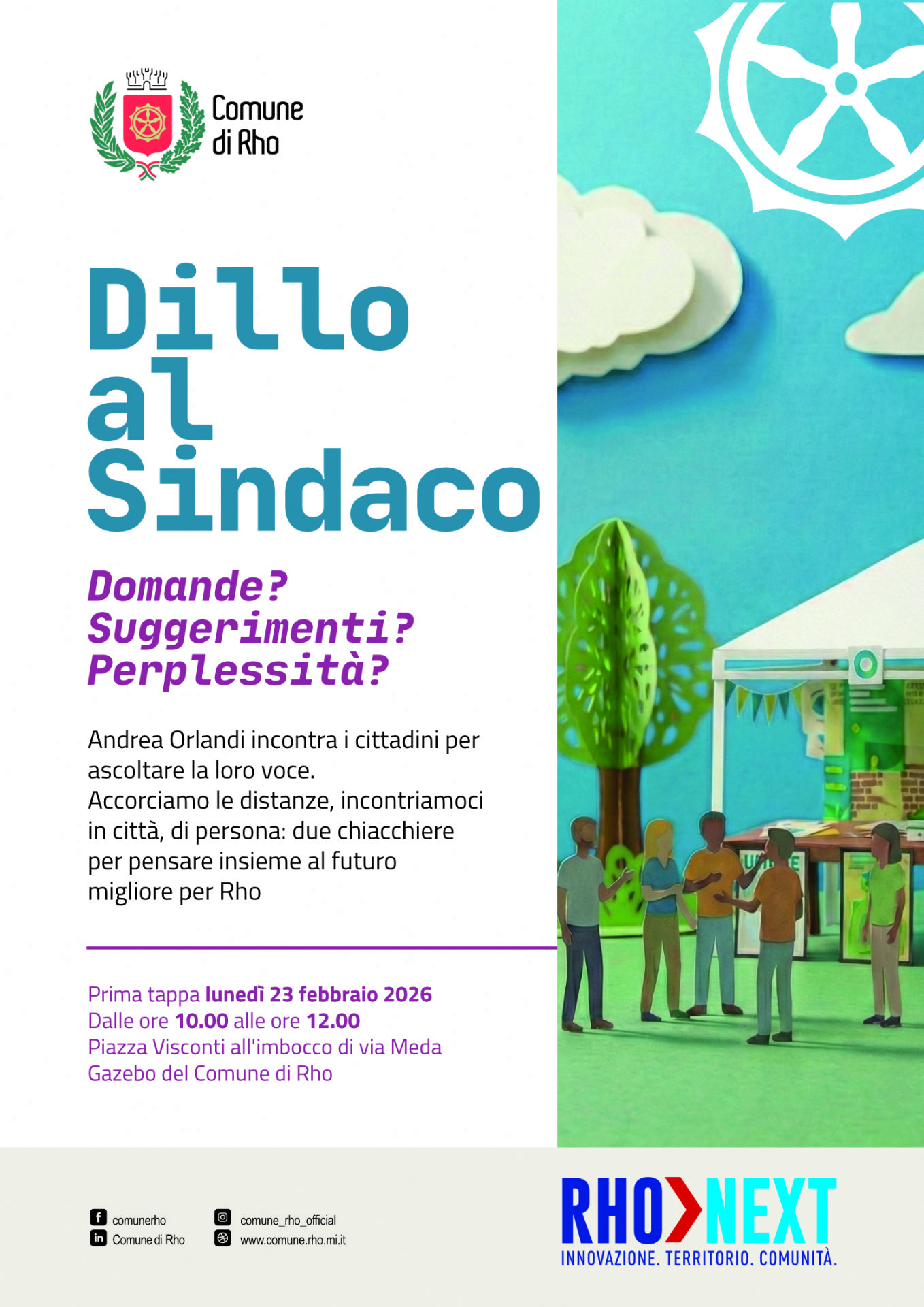 Locandina Dillo al Sindaco  testo scritto e immagine con gazebo e persone che discutono .