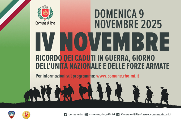 sottofondo bandiera italiana logo del comune in rilievo sagome in nero di soldati in fila indiana. Titolo Domenica 9 novembre 2025 IV novembre Ricordo dei caduti in guerra, giorno dell'unità nazionale e delle forze armate