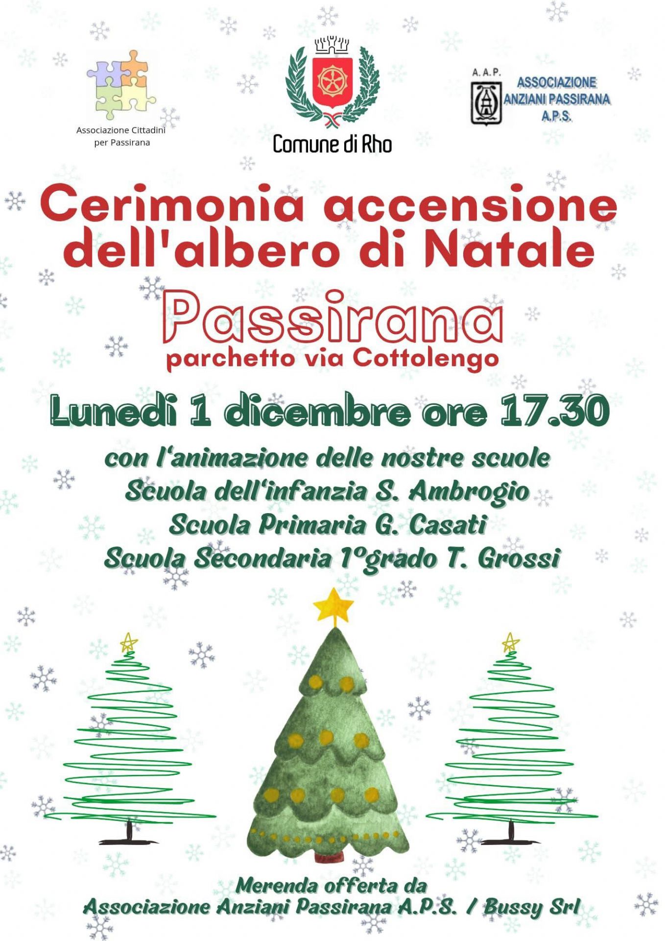 locandina con titolo orario e tre alberi d Natale disegnati