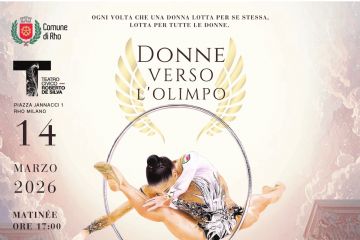 locandina Donne verso l'Olimpo due ali dorate un cerchio alcune ballerine e striscione della bandiera italiana