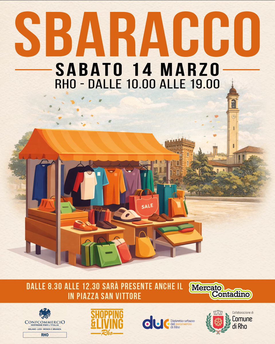 locandina Sbaracco 14 marzo Rho dalle 10 alle 19 bancarella con borse indumenti e  scarpe.
Sullo sfondo torre viscontea e campanile