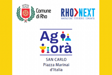 Locandina Agorà - Percorso partecipativo per la programmazione di piazza Marinai d'Italia. Primo appuntamento 5 marzo 2026 in piazza Marina D'Italia a Rho alle ore 20.30 e poi in Villa Burba