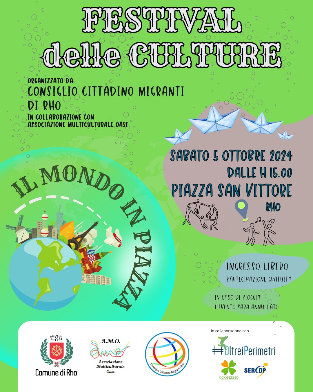 Festival delle Culture locandina Il mondo in piazza sabato 5 ottobre dalle 16 in piazza San Vittore Rho ingresso libero Loghi