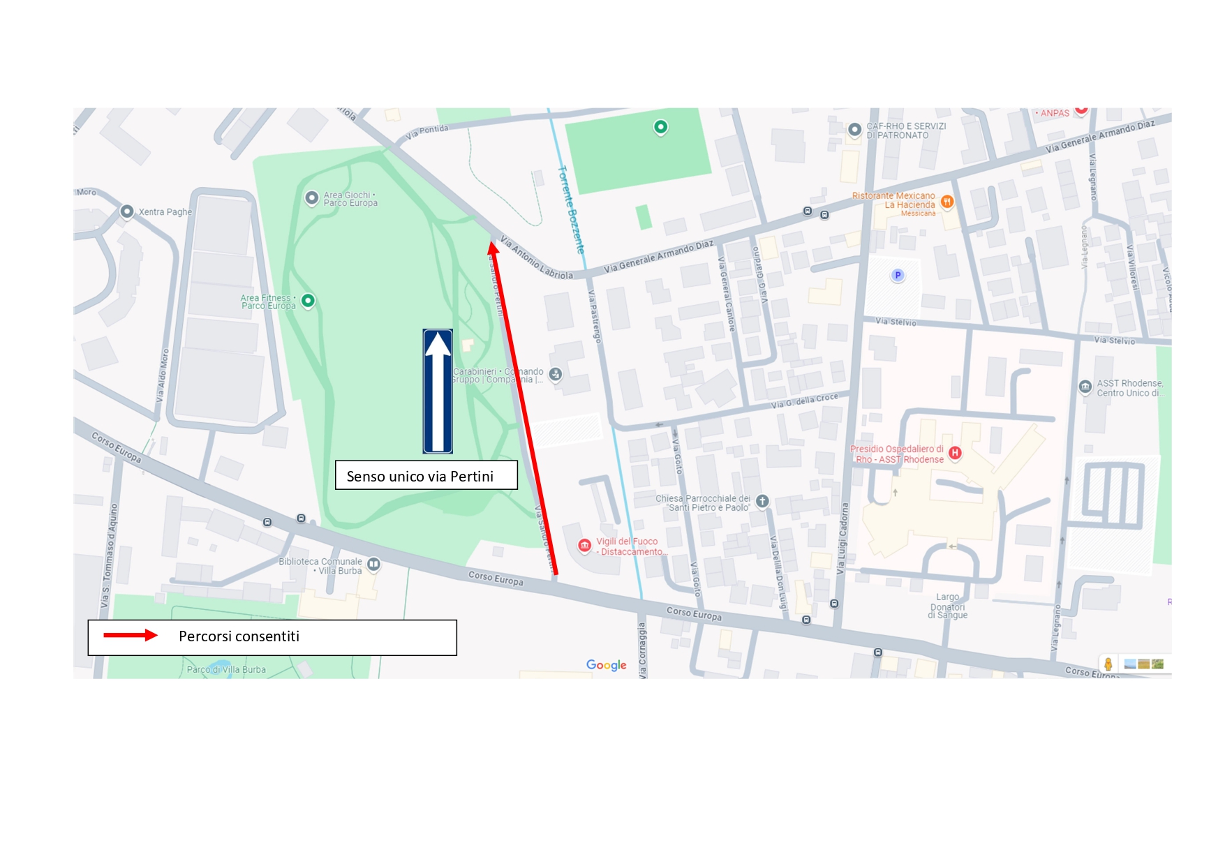 Mappa di una sezione della città di Rho dove viene segnalato che via Pertini sarà resa a senso unico in direzione nord, da Corso Europa a via Diaz, dal 28 ottobre al 30 novembre.