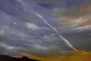 Una delle opere: Scie di aerei, olio su tela