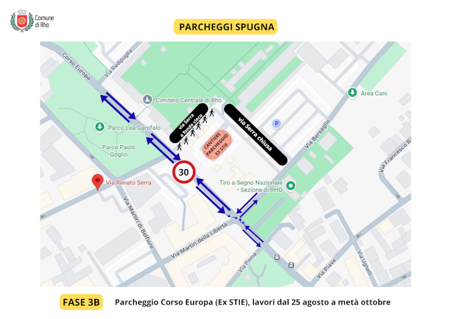 Mappa viabilità dal 25 agosto 2025 nella zona del parcheggio ex Stie zona cimitero durante i lavori della fase 3B relativa ai parcheggi Spugna.