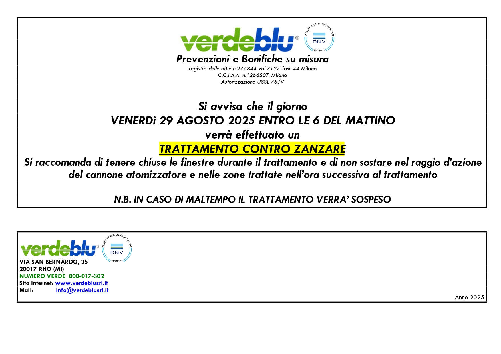 locandina Verdeblu avviso di disinfestazione 29 agosto entro le 6 del mattino