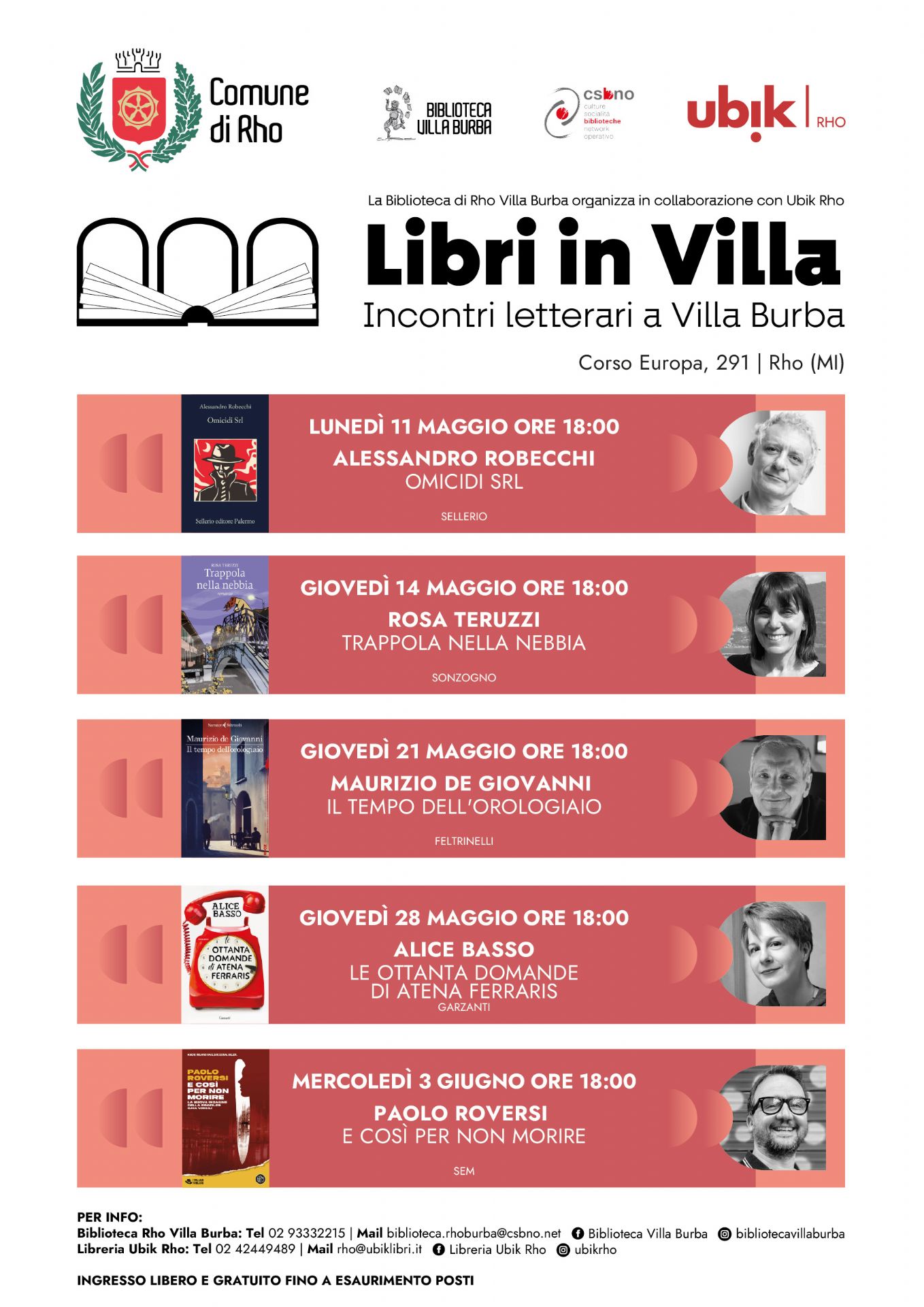 locandina libri in villa con elenco scrittori e immagine di copertina del libro