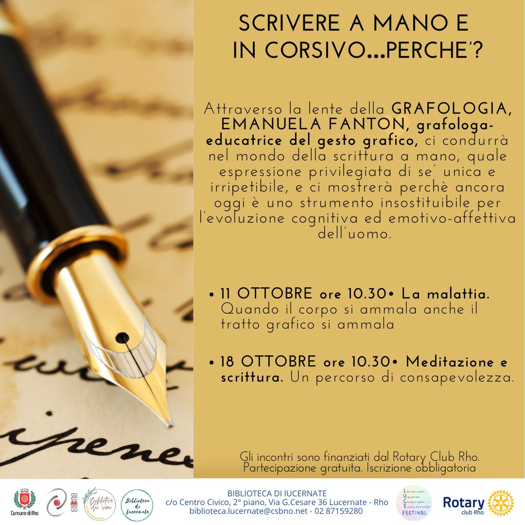 Locandina con stilografica in primo piano a sinistra e testo scritto Titolo Scrivere a  mano e in corsivo...perchè?