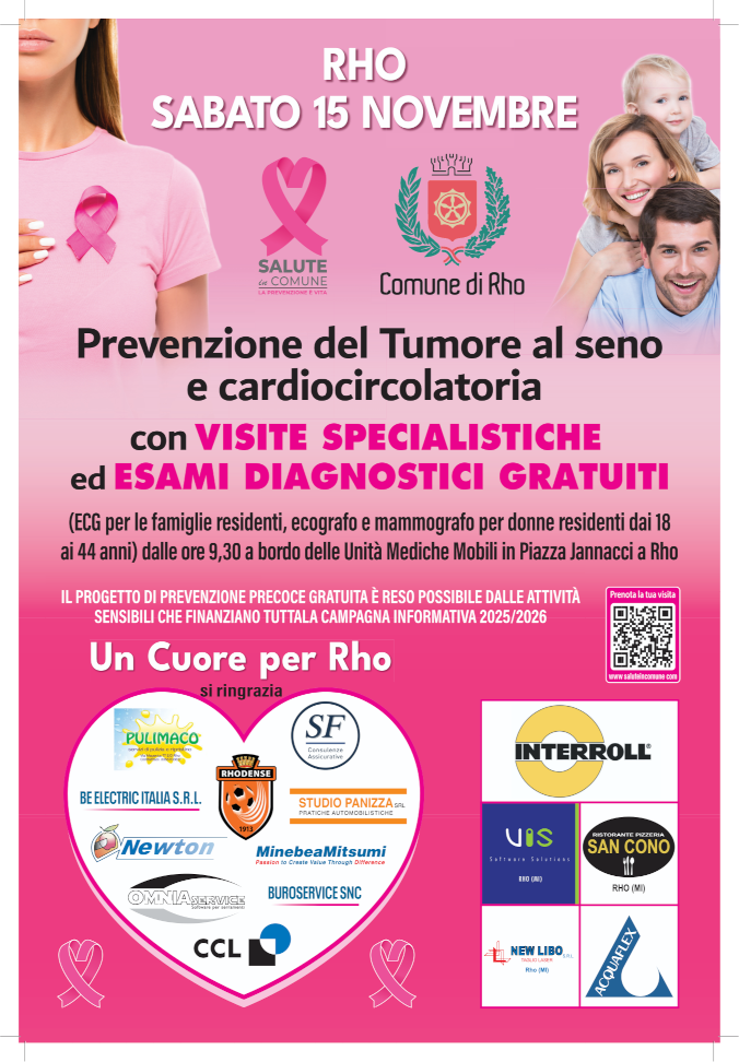 locandina rosa con alcune persone una con fiocco rosa e titolo Rho sabato 15 novembre Prevenzione del Tumore al seno e cardiocircolatoria con visite specialistiche ed esami diagnostici gratuiti