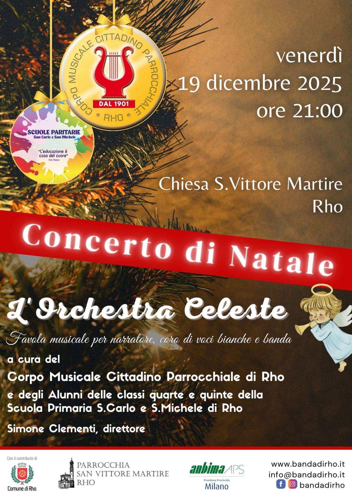 locandina natalizia con pun particolare di albero di natale e angioletto con trombetta disegnato