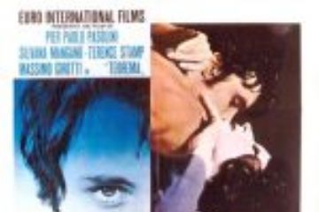 locandina del film teorema un volto e riquadro di due attori 