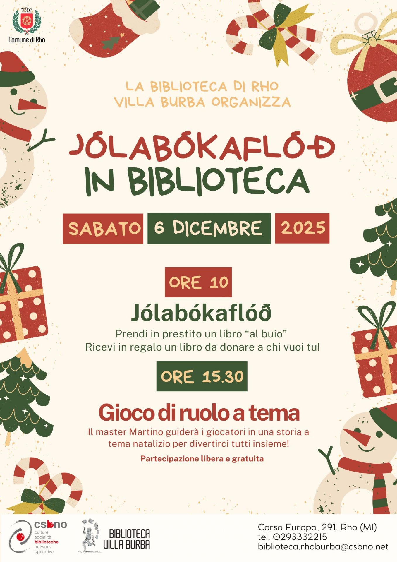 locandina con grafiche natalizie pupazzi di neve alberi di natale palline e pacchetti regali