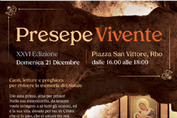 locandina del presepe vivente una grotta in fondo una luce e un dipinto con la Madonna che tiene Gesù in fasce
sottp tutti i loghi