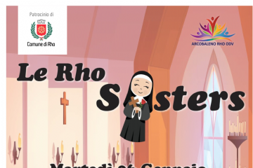 locandina evento disegnata suora nel titolo  e chiesa disegnata